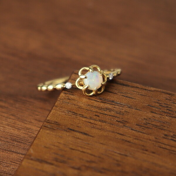 K18 フラワー オパール ゴールドリング 花 ダイヤモンド 18金 18k