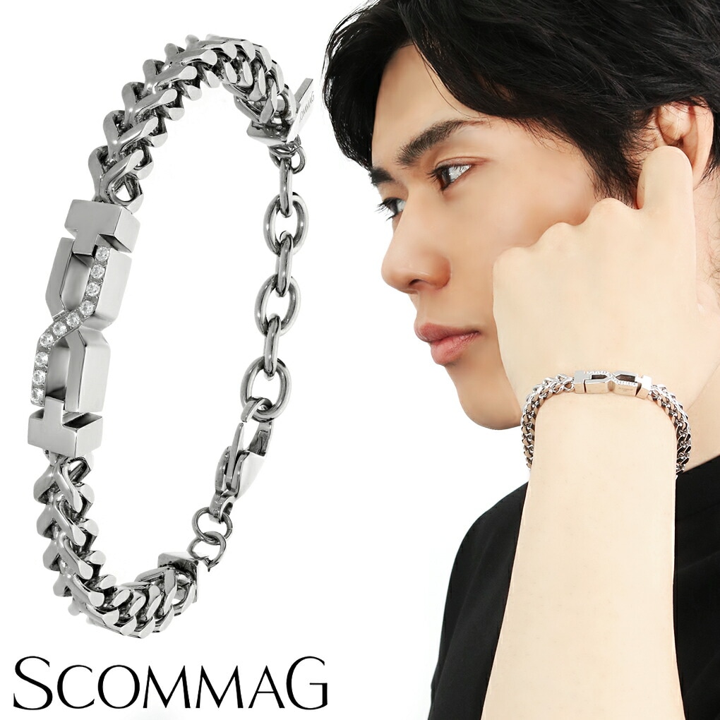 SCOMMAG ステンレス ブレスレット ジルコニア メンズブレスレット 