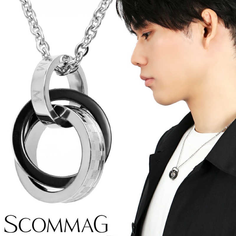SCOMMAG ステンレス ダブル リング ネックレス (チェーン付き