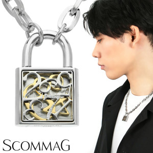 SCOMMAG ナンバー パドロック ステンレス ネックレス (チェーン付き) ペンダント 鍵 錠 錠前 南京錠 メンズネックレス ゴールド サージカルステンレス 金属アレルギー アレルギーフリー メ