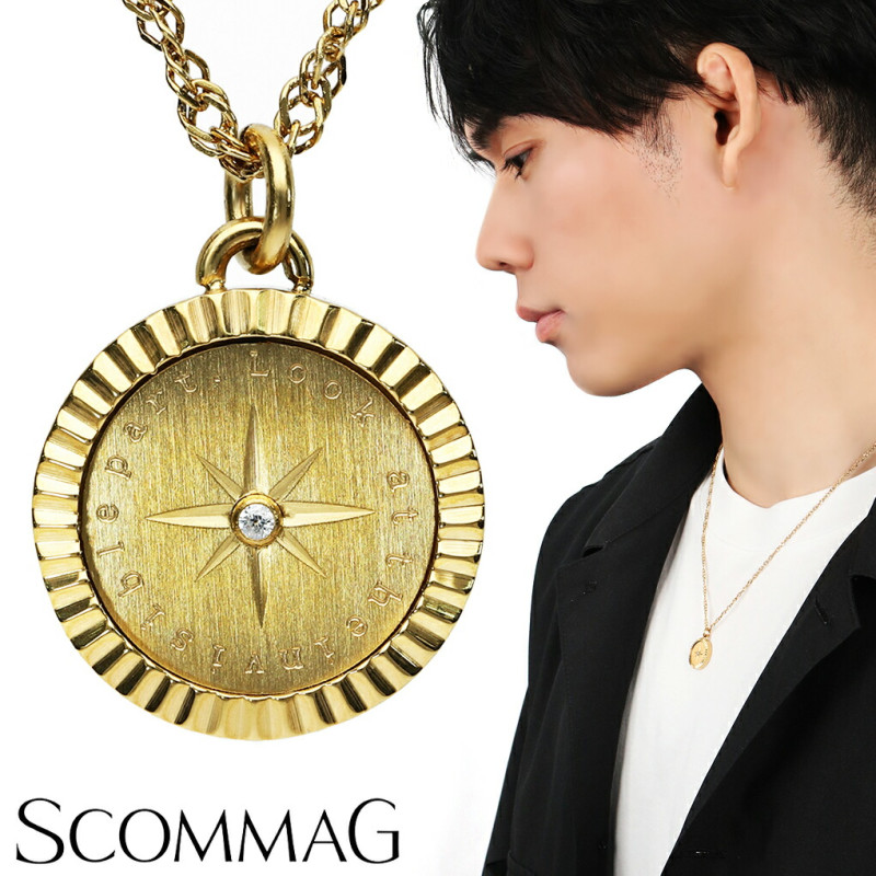 SCOMMAG コンパス コイン ステンレス ネックレス ゴールドカラー