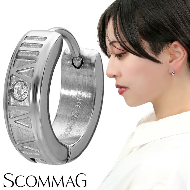 SCOMMAG ナンバー フープ ステンレス ピアス 1P 片耳用 ジルコニア