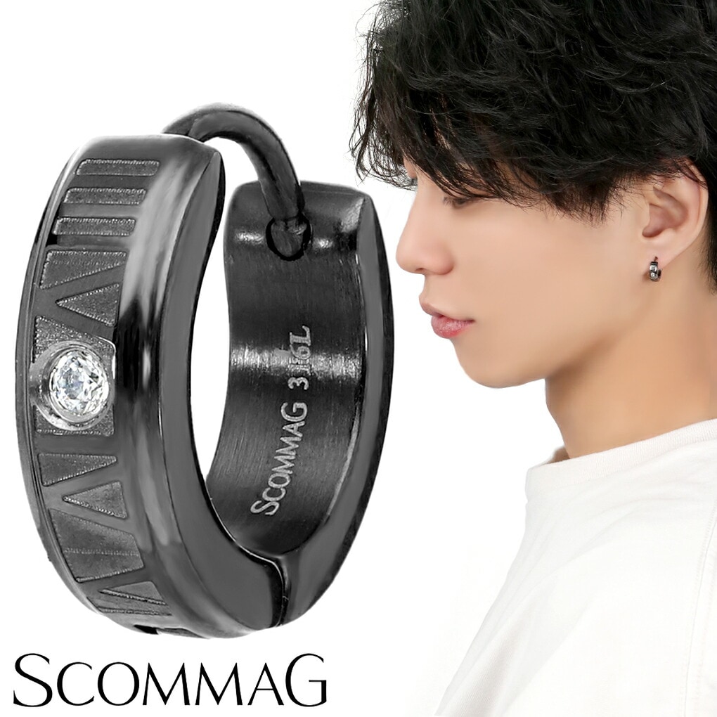 SCOMMAG ブラック ナンバー フープ ステンレス ピアス 1P 片耳用 黒