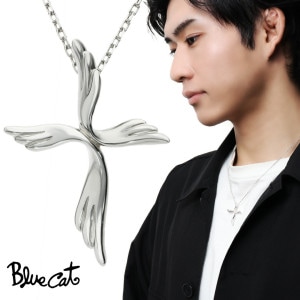 Blue Cat ウィング クロス ネックレス (チェーン付き) ペンダント シルバー 925 羽 翼 十字架 きれいめ 上品 メンズ レディース 男性 女性 彼氏 彼女 ユニセックス 誕生日 記念日