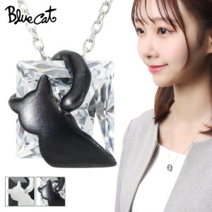 Blue Cat 選べる2カラー 猫 シルエット スクエア ジルコニア ネックレス ペンダント レディースネックレス シルバー 925 ブラック 黒 黒猫 白猫 さりげない 上品 きれいめ レディース
