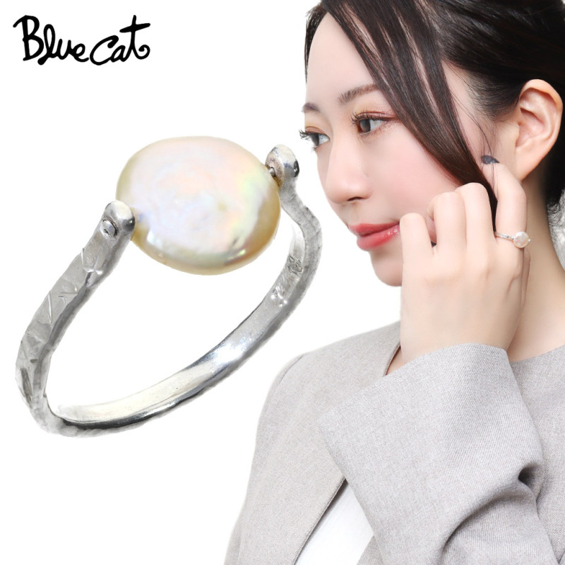 天然石×淡水パール シルバー ハンドメイド リング フリーサイズ 1点物 Blue Cat パール ストーン リング 指輪 9～17号 レディースリング
