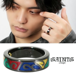 SAINTS ステンドグラス ブラック リング 指輪 7〜21号 メンズリング シルバー 925 唐草 アラベスク カラフル レインボー ビビット シルバーリング メンズ 男性 彼氏 夫 旦那 誕生日