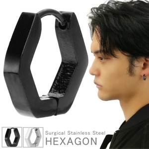 ヘキサゴン フープピアス ステンレス ピアス 1P 片耳用 サージカルステンレス 金属アレルギーフリー 六角形 シンプル キャッチレス リングピアス 輪っか 中折れ ステンレスピアス メンズ レディー