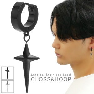 クロス ドロップ フープピアス ステンレス ピアス 1P 片耳用 ブラック シルバー サージカルステンレス 金属アレルギーフリー キャッチレス 十字架 リングピアス 輪 フープ 中折れ ステンレスピア