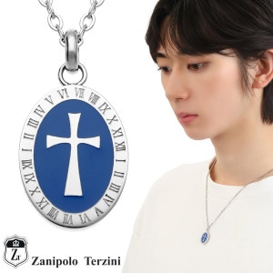 Zanipolo Terzini ブルー クロス ステンレス ネックレス (チェーン付き) ペンダント メンズネックレス サージカルステンレス 316 エナメル 青 鏡面 プレート メダル 十字架 シ