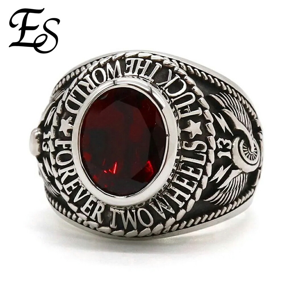 ヴィンテージ　シルバー925リング 15号 カレッジリング指輪 英国　1985年 Es F.T.W College Ring w/Red Stone リング 指輪 11～25号 レッド