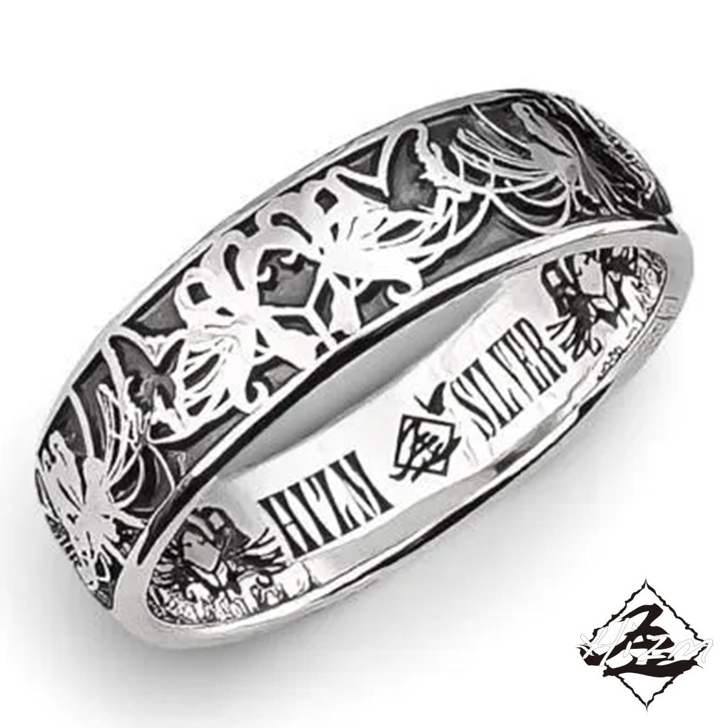 Hizm 黒 蝶 彼岸花 レリーフ リング 指輪 甲丸 6mm幅 シルバー 925 製