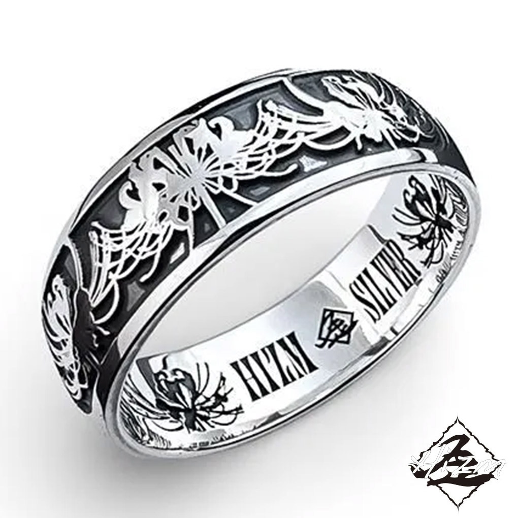 Hizm 燦然 彼岸花 レリーフ リング 指輪 甲丸 7mm幅 シルバー 925 製