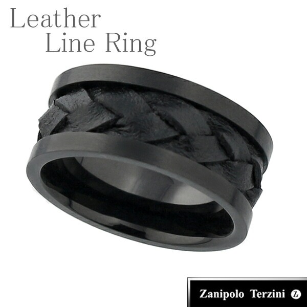 Zanipolo Terzini ブラック レザーライン ステンレスリング10mm幅 15