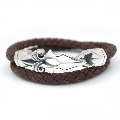 ≪DAgDART/ダグダート≫編革レザーブレスレット(ブラウン)×シルバー ゴシック調 2重巻き 