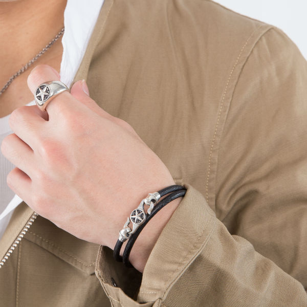 ≪DAgDART/ダグダート≫【ONE STAR】丸革レザーブレスレット×シルバー 2重巻き 