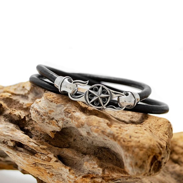 ≪DAgDART/ダグダート≫【ONE STAR】丸革レザーブレスレット×シルバー 2重巻き 