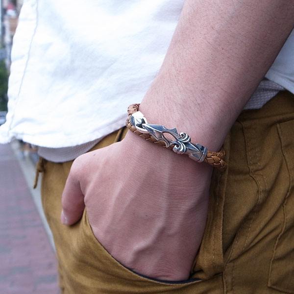 ≪DAgDART/ダグダート≫編革レザーブレスレット(ナチュラル)×シルバー ゴシック調 2重巻き 