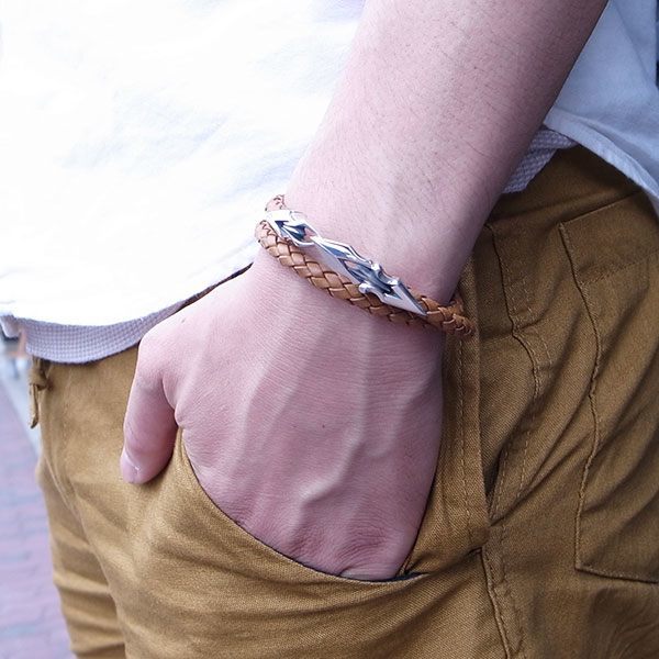 ≪DAgDART/ダグダート≫編革レザーブレスレット(ナチュラル)×シルバー 2重巻き 