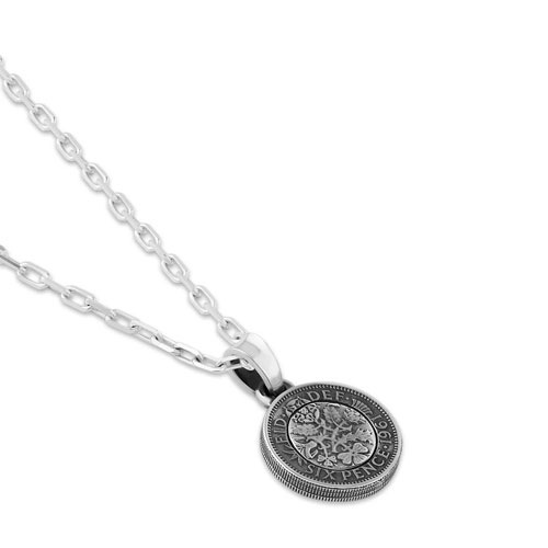 ≪AQUA SILVER/アクアシルバー≫幸せのシックスペンスコイン・リボルブネックレス
