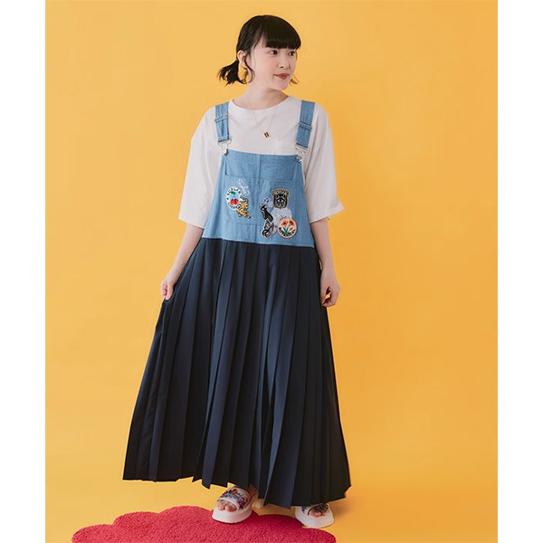 スカラー ScoLar 162653 アメリカン風刺繍 デニム×プリーツジャンスカ