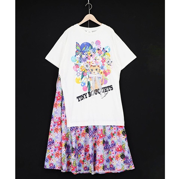 スカラー ScoLar 162670 ネコ花 花柄切替ワンピース レースリボン 花柄