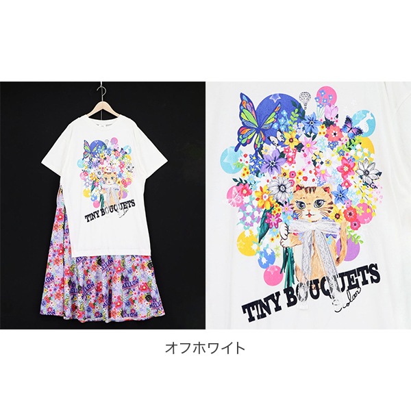 スカラー ScoLar 162670 ネコ花 花柄切替ワンピース レースリボン 花柄