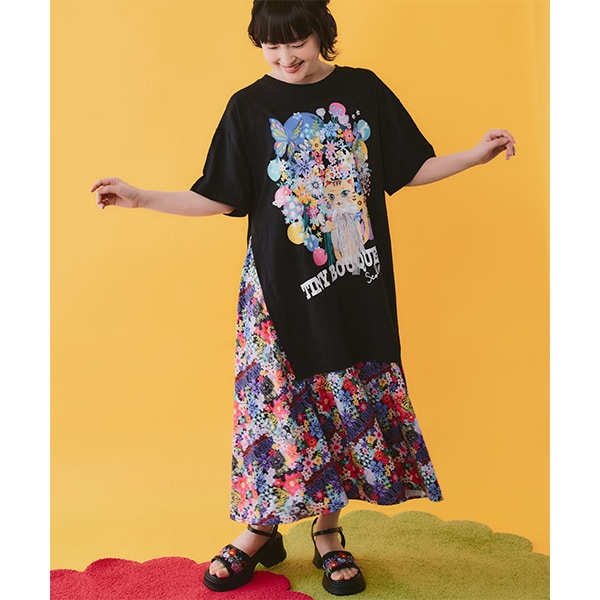 スカラー ScoLar 162670 ネコ花 花柄切替ワンピース レースリボン 花柄