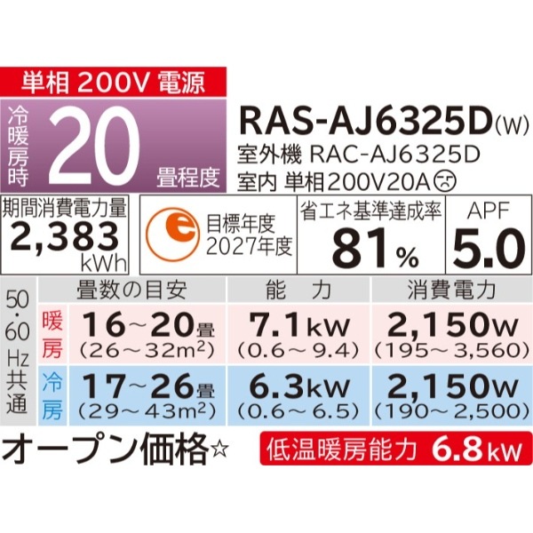 エアコン 標準工事費込 20畳用 日立 6.3kW 200V 白くまくん AJシリーズ 