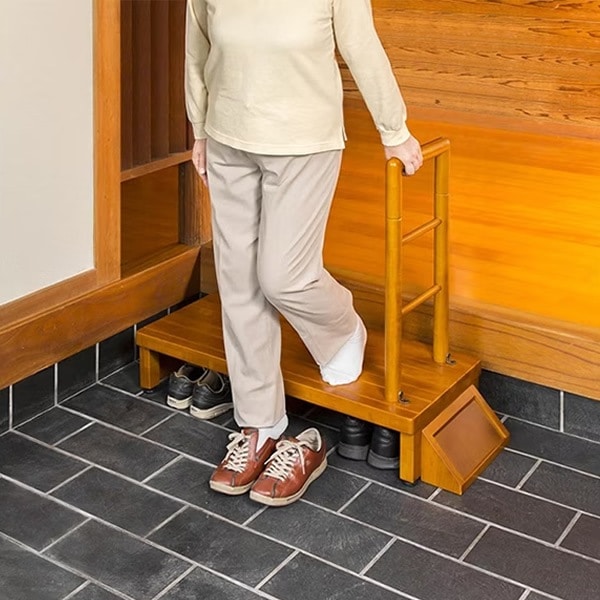 手すり付玄関台 幅90cm 玄関 踏み台 片側手すり付き 高齢者 ステップ