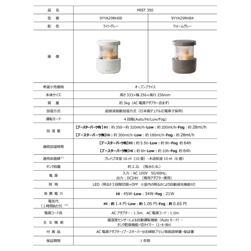 在庫あり 超音波式加湿器 リズム時計 RHYTHM MIST350 ウォーム