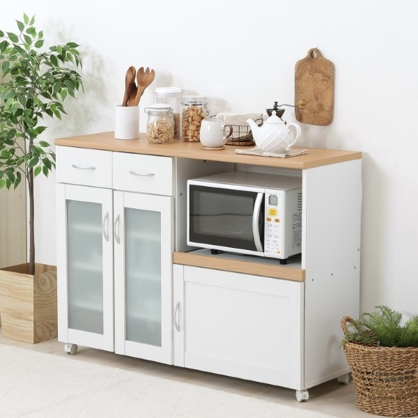 キッチン収納 食器棚 幅120×奥行39.5×高さ89cm ホワイト スライド棚