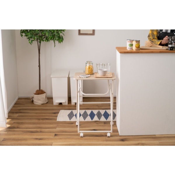 収納付き折りたたみ式テーブル 木目調 ホワイト 折りたたみ式テーブル ハイテーブル キャスター付き 移動 おしゃれ