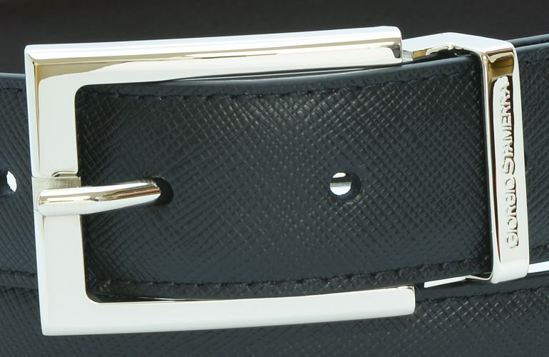 ジョルジオ スタメッラ ベルト カーフレザー サフィアーノ ブラック シルバーバックル 幅3cm ウエスト107cmまで対応 ストリンガシステム 名入れ可有料 工賃別売り