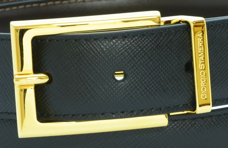 ジョルジオ スタメッラ ベルト カーフレザー サフィアーノ ブラック ゴールドバックル 幅3cm ウエスト107cmまで対応 ストリンガシステム 名入れ可有料 工賃別売り