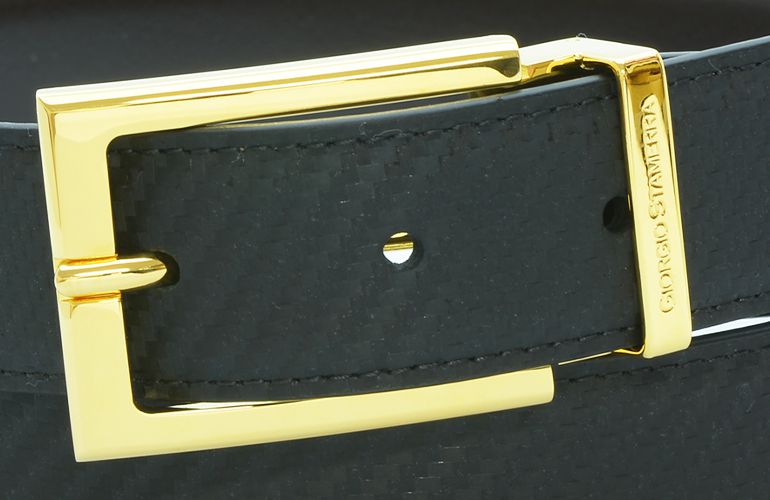 ジョルジオ スタメッラ ベルト カーフレザー ウォールセミマット ブラック カーボン調 ゴールドバックル 幅3cm ウエスト107cmまで対応 ストリンガシステム 名入れ可有料 工賃別売り