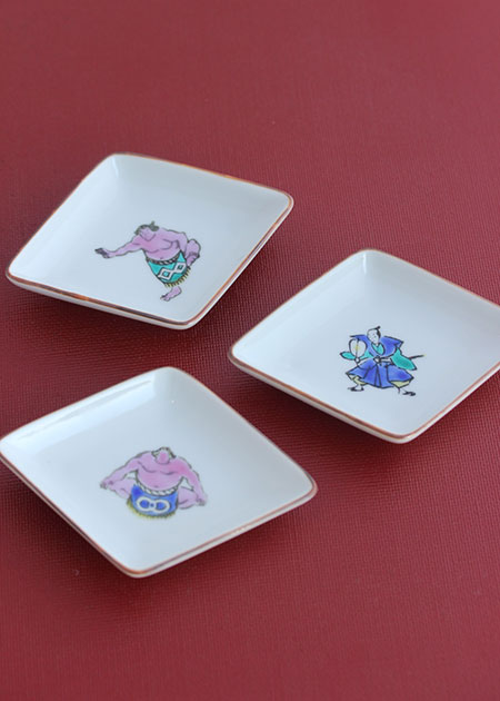 豆九MAMEKYU 菱型豆皿（東の横綱・西の横綱・行司）｜九谷焼のうつわ