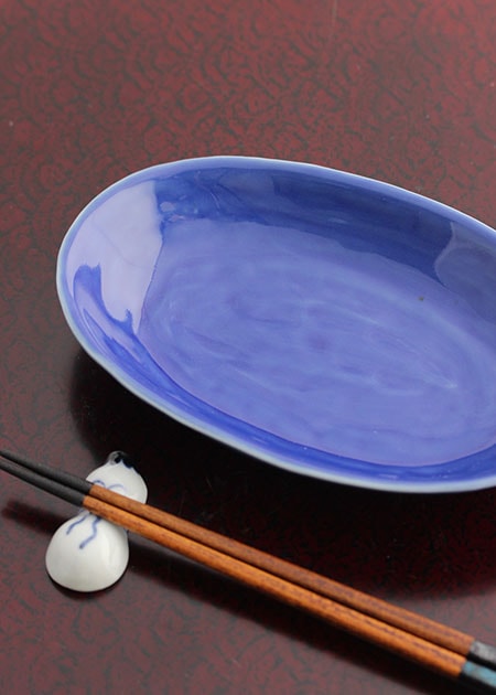 深い青の水色の濃淡が美しい石垣焼の器3枚 和食器 ガラス釉 楕円皿