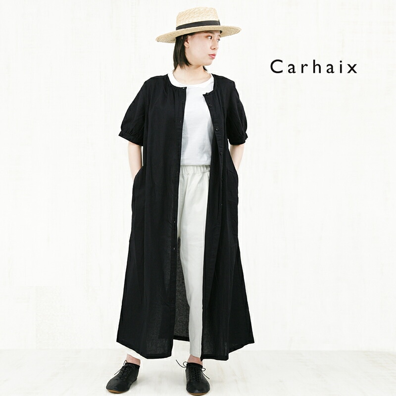 Carhaix キャレ コットンリネン ウエストリボン 前開き 半袖 ロングワンピース