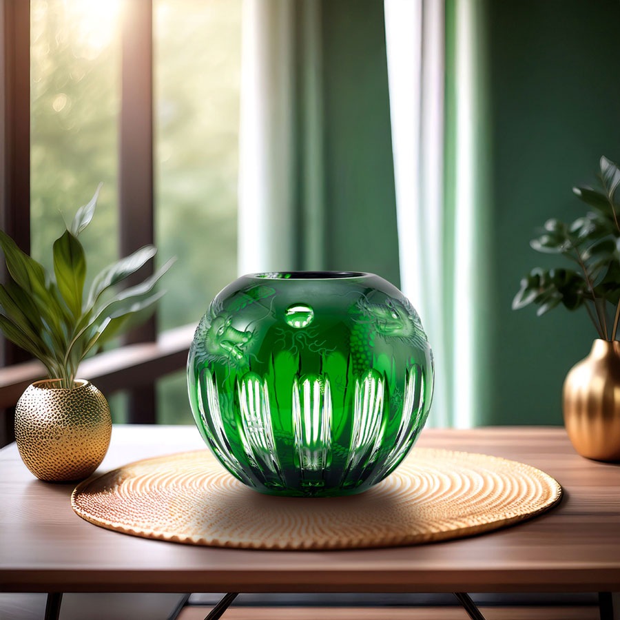 マイセンクリスタル 色被せ花瓶 「二匹のドラゴン」 (グリーン) DRA/140/19G