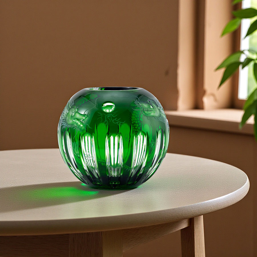 マイセンクリスタル 色被せ花瓶 「二匹のドラゴン」 (グリーン) DRA/140/19G