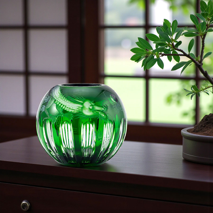 マイセンクリスタル 色被せ花瓶 「二匹のドラゴン」 (グリーン) DRA/140/19G