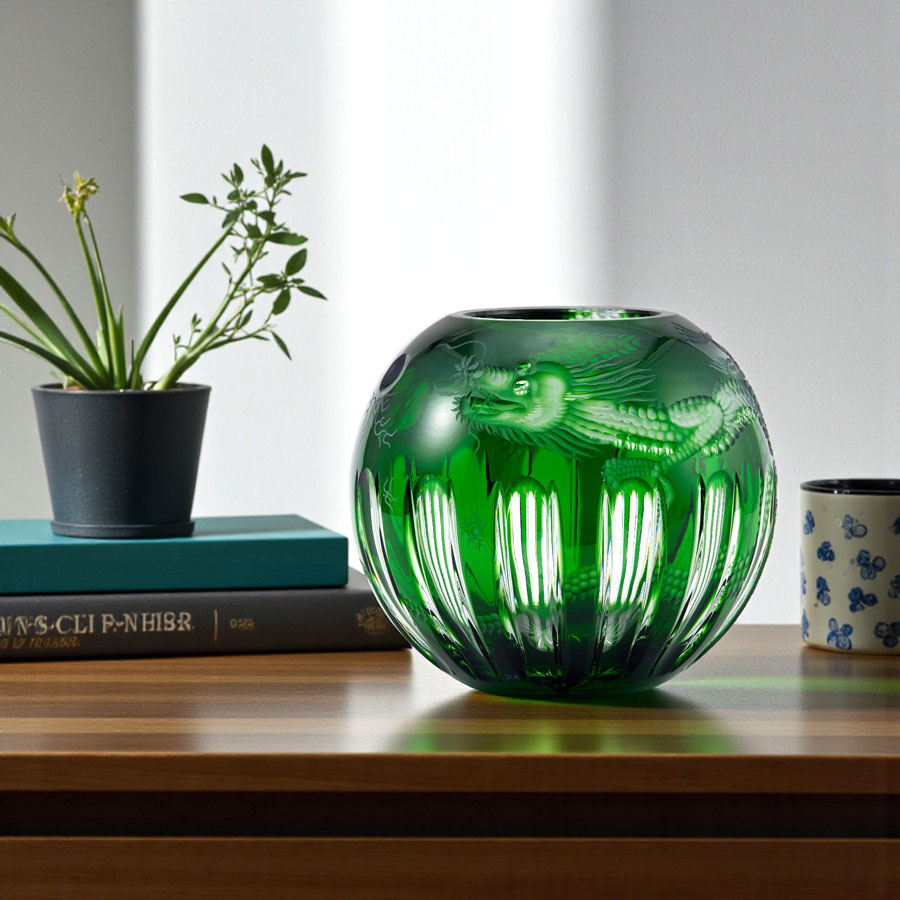 マイセンクリスタル 色被せ花瓶 「二匹のドラゴン」 (グリーン) DRA/140/19G