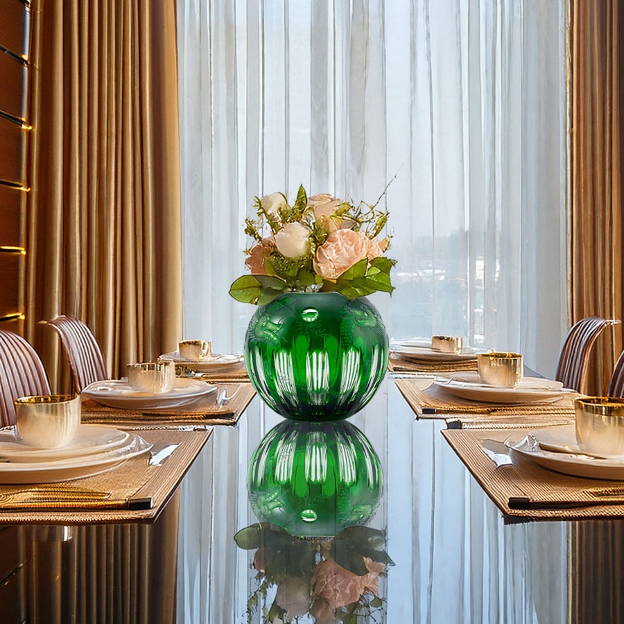 マイセンクリスタル 色被せ花瓶 「二匹のドラゴン」 (グリーン) DRA/140/19G