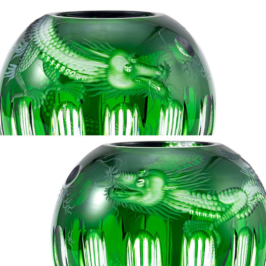 マイセンクリスタル 色被せ花瓶 「二匹のドラゴン」 (グリーン) DRA/140/19G