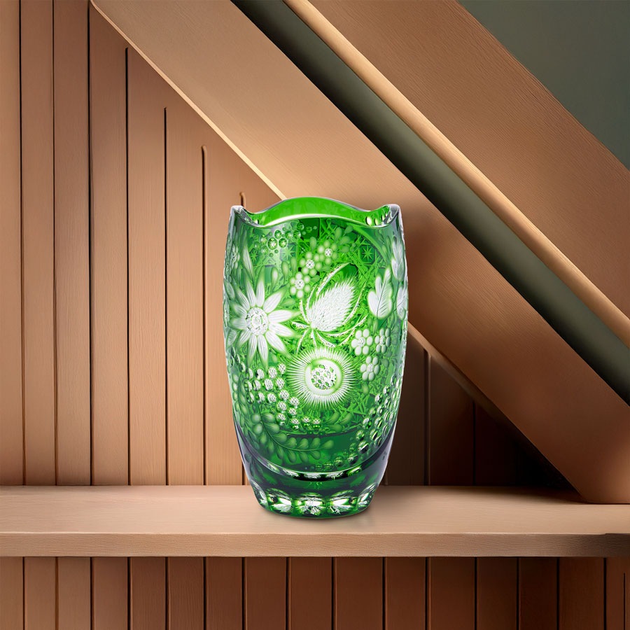 マイセンクリスタル 色被せ花瓶 「フラワー」 (グリーン) FL/2/26G