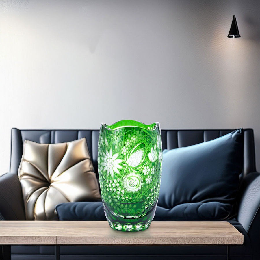 マイセンクリスタル 色被せ花瓶 「フラワー」 (グリーン) FL/2/26G