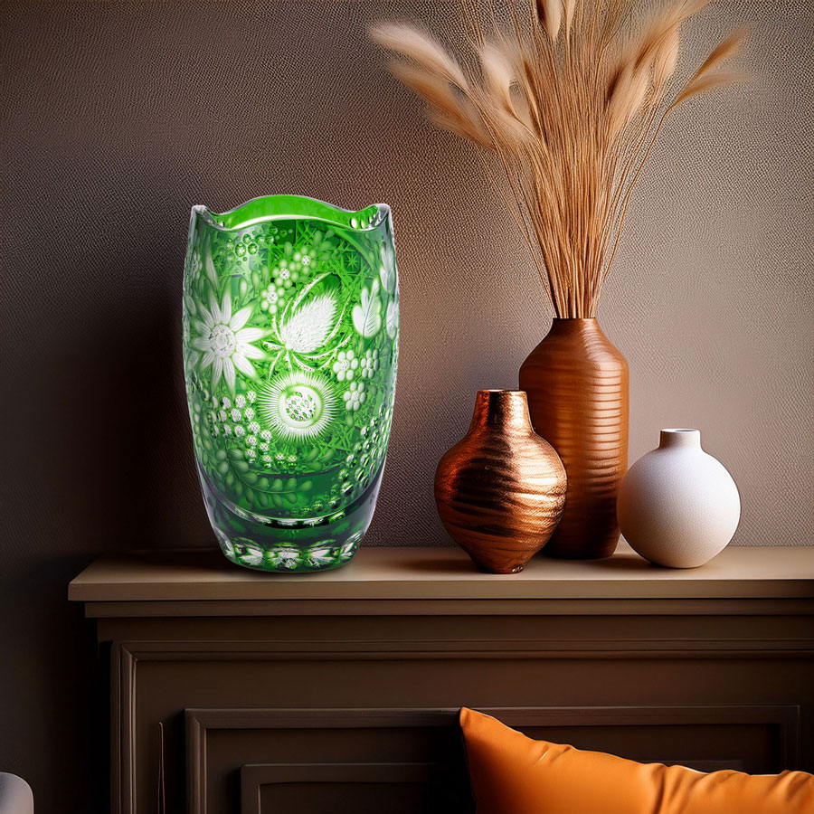 マイセンクリスタル 色被せ花瓶 「フラワー」 (グリーン) FL/2/26G