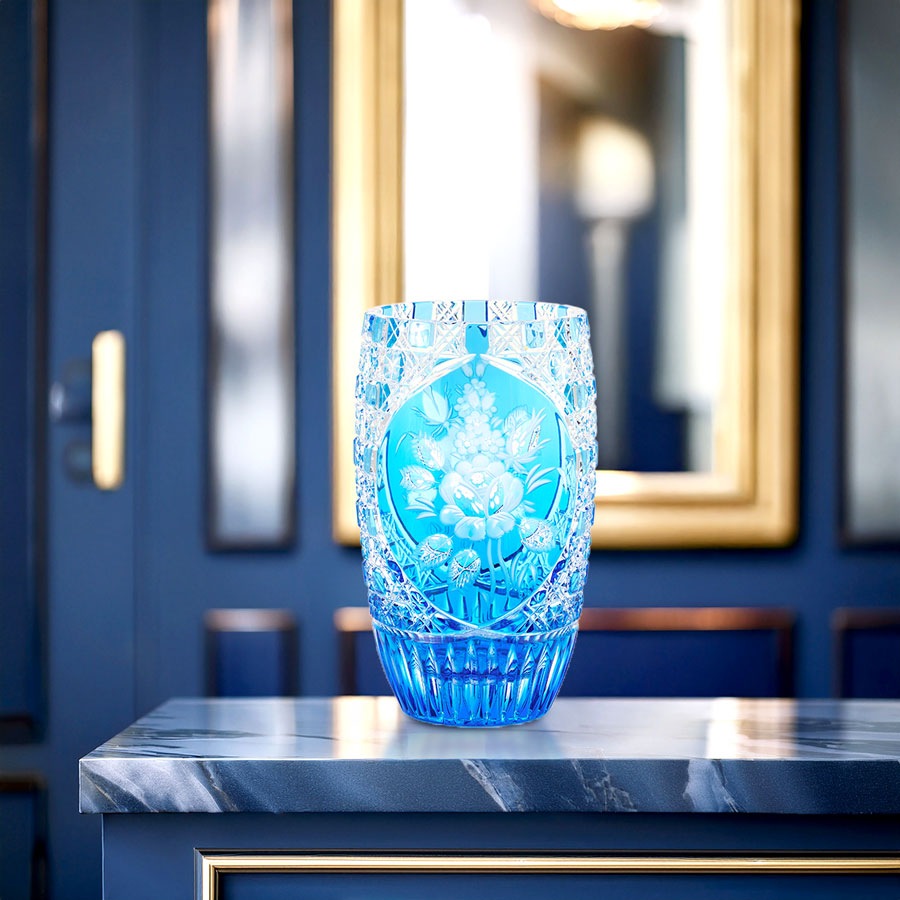 マイセンクリスタル 色被せ花瓶 「ロンドンフラワー」 (ライトブルー) LF/2/26LB