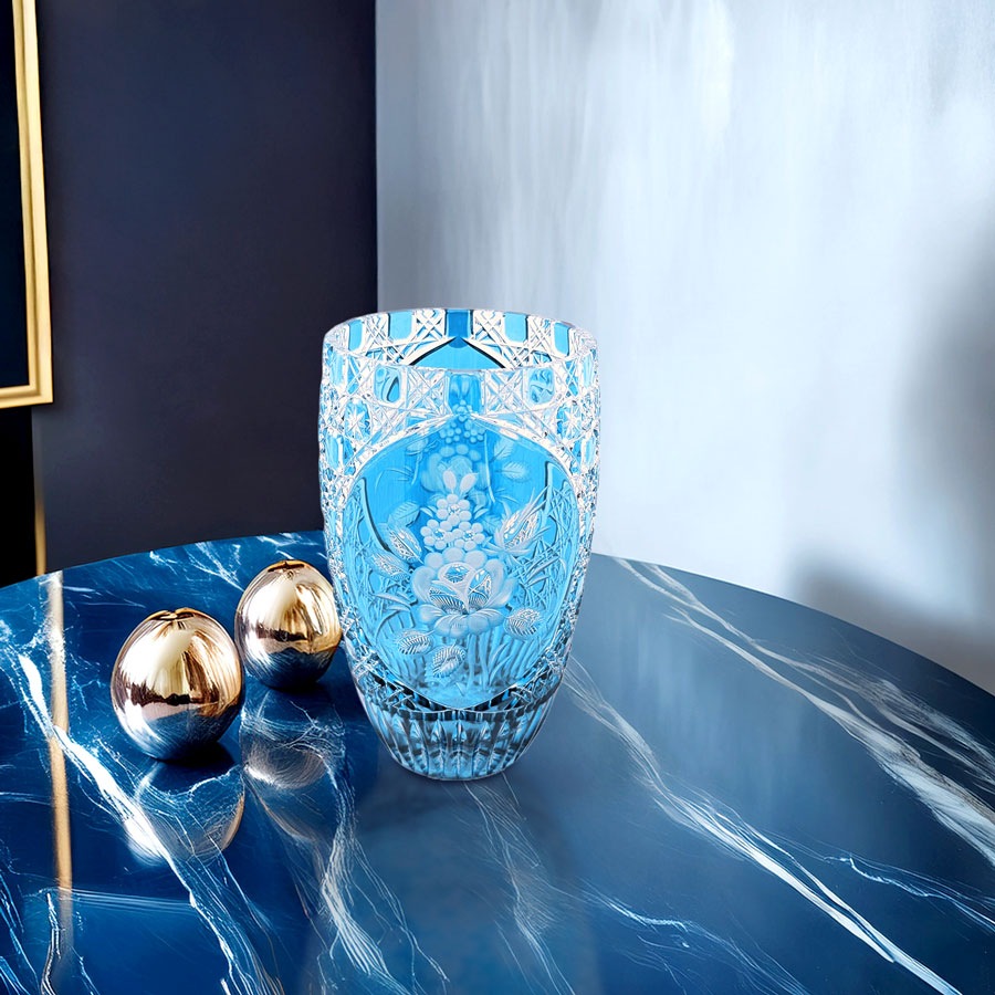 マイセンクリスタル 色被せ花瓶 「ロンドンフラワー」 (ライトブルー) LF/2/26LB